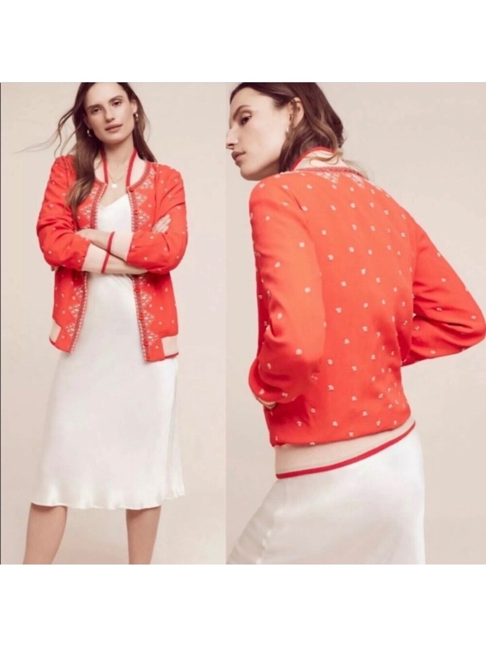 Anthropologie Floral Embroidered Bomber Jacket $178 Red Orange Boho Festival Med